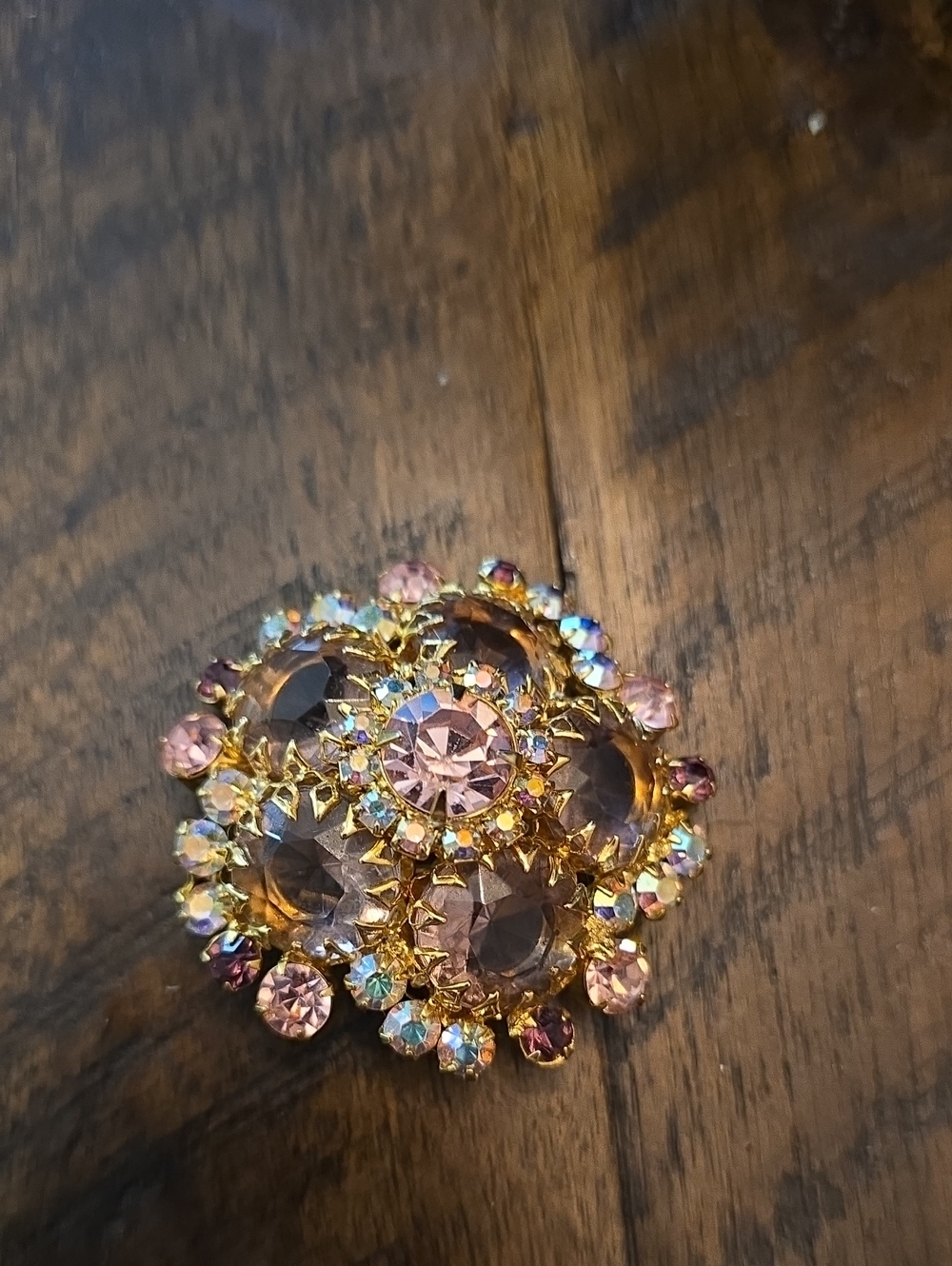 Gold-Tone Pink Crystal Floral Brooch with Aurora Accents